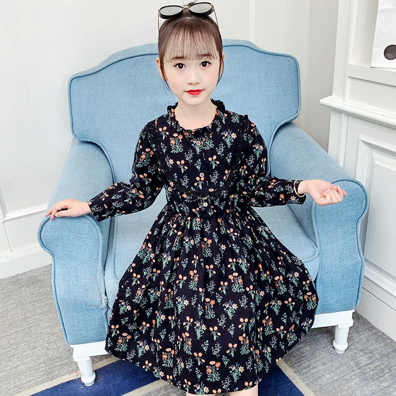 مجموعة اروين arwen&ajh group Girls' Dress 2024 New Spring And Autumn Floral Long-sleeved Dress Fashionable Retro Cotton Turtleneck Dress Lady's Dress