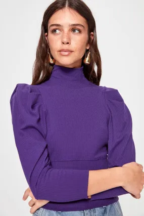 13606 Purple Puff Sleeve Turtleneck Knitted Blouse