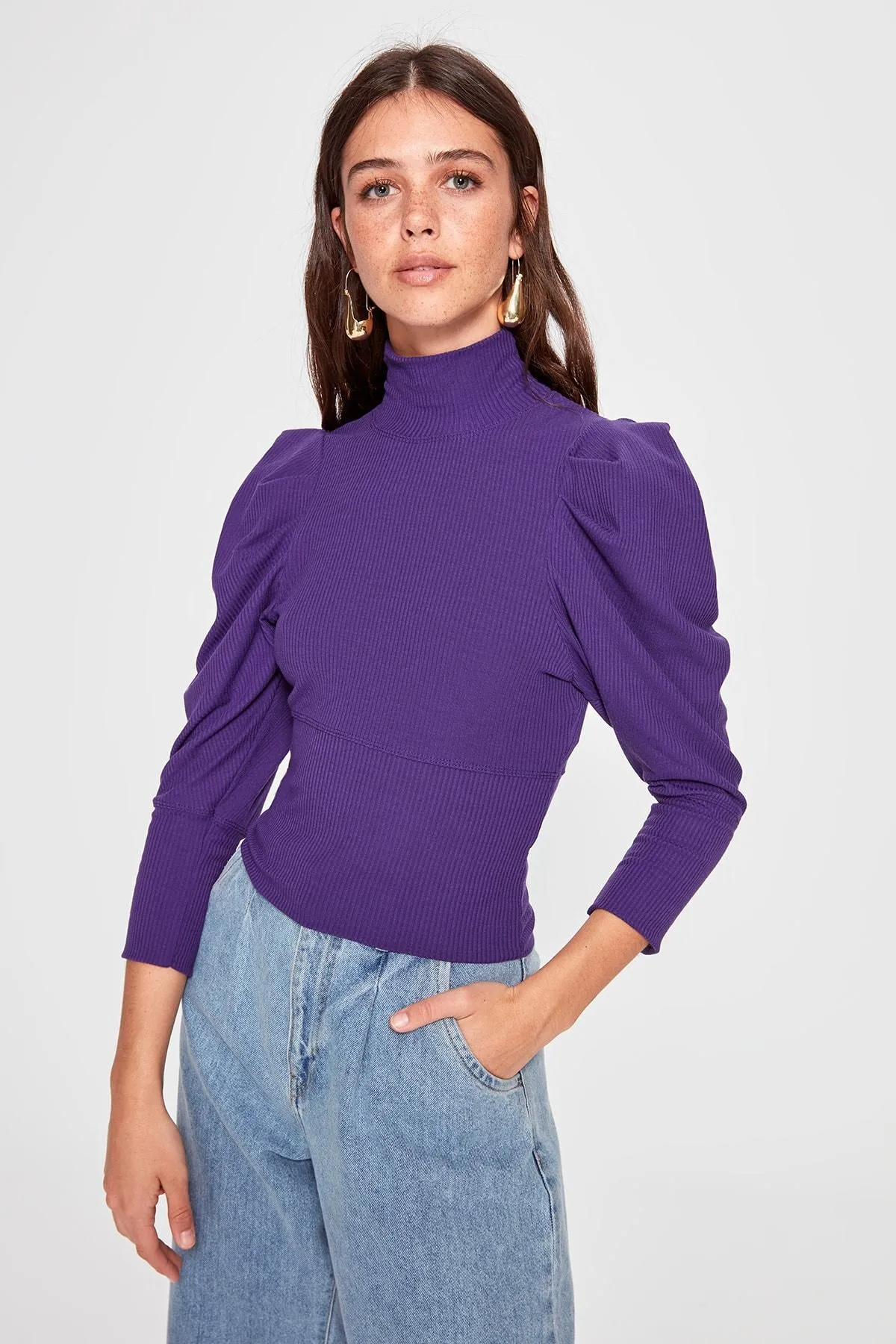 13606 Purple Puff Sleeve Turtleneck Knitted Blouse