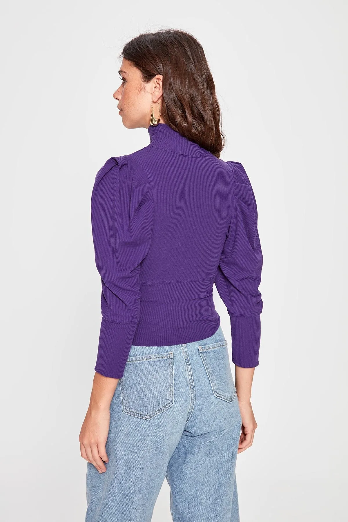 13606 Purple Puff Sleeve Turtleneck Knitted Blouse