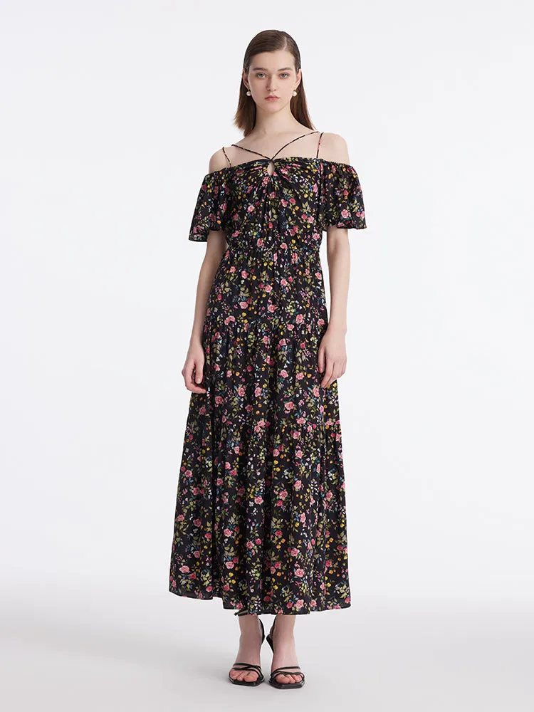 16 Momme Mulberry Silk Rose Printed Off Shoulder Women Maxi Dress