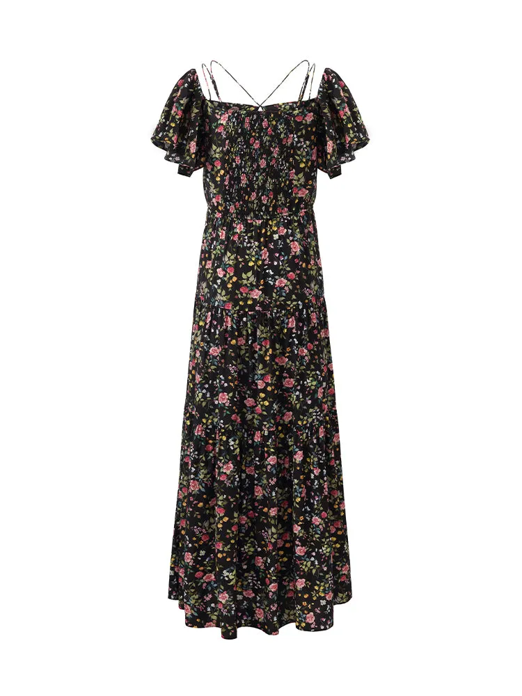 16 Momme Mulberry Silk Rose Printed Off Shoulder Women Maxi Dress