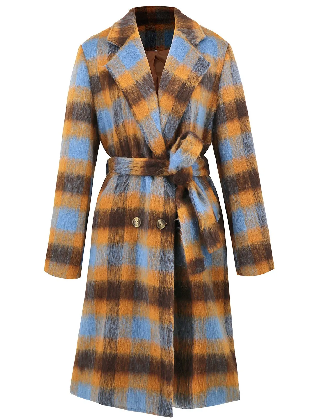 1950s Lapel Contrast Plaids Belted Coat