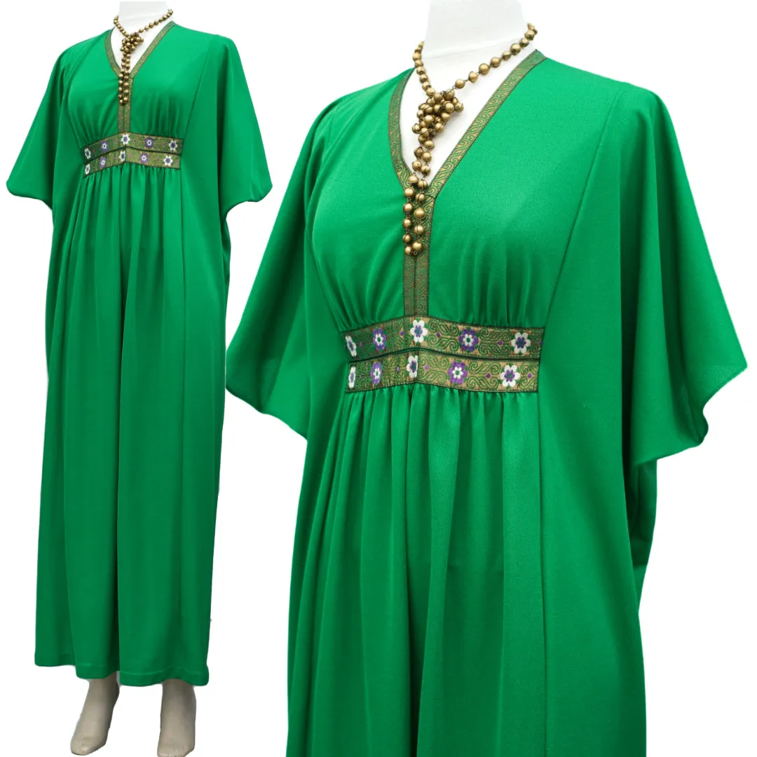 1960s Vintage Green Hostess Kaftan Maxi Dress • Angel Sleeves