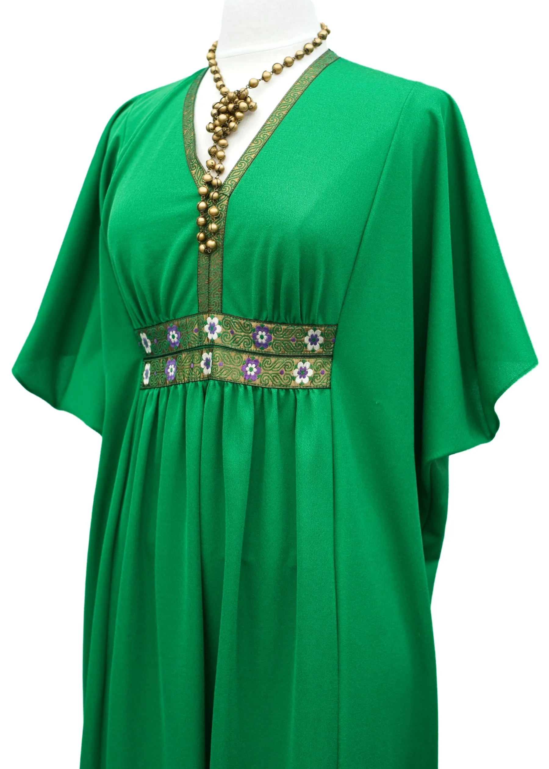 1960s Vintage Green Hostess Kaftan Maxi Dress • Angel Sleeves