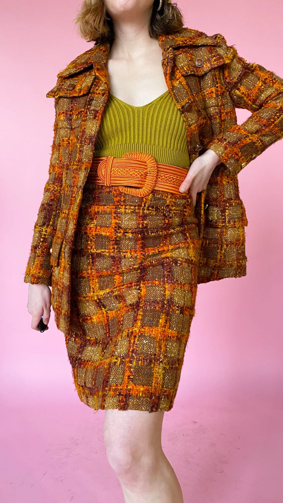 1970s Orange You Plaid Wool Set, sz. XS