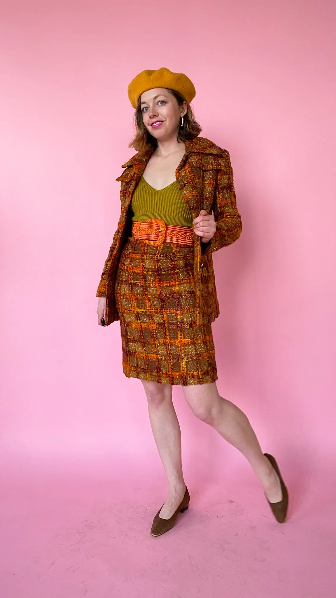 1970s Orange You Plaid Wool Set, sz. XS