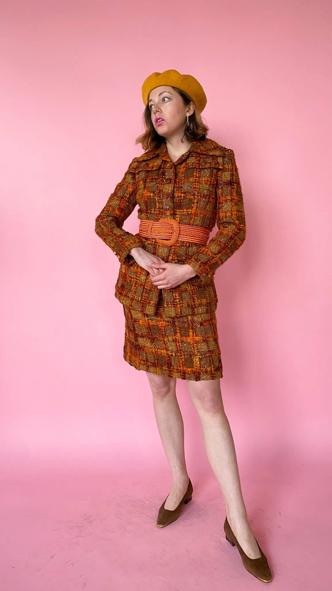 1970s Orange You Plaid Wool Set, sz. XS