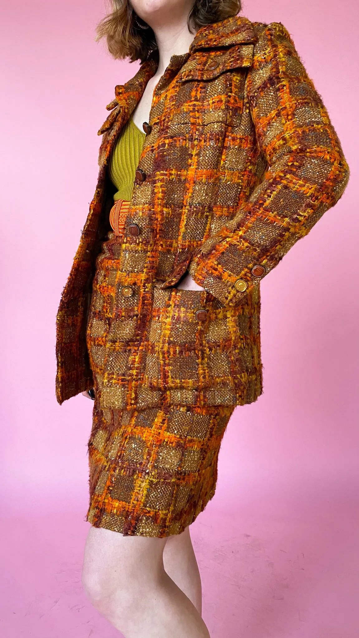 1970s Orange You Plaid Wool Set, sz. XS