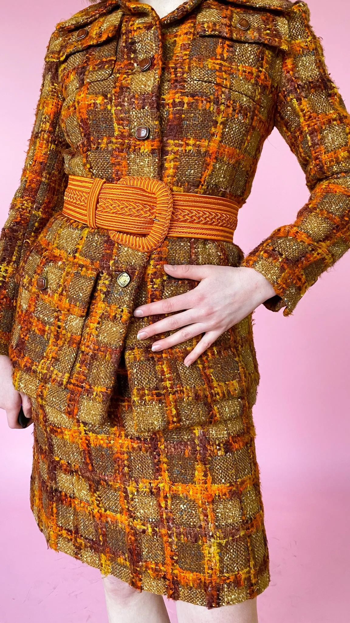 1970s Orange You Plaid Wool Set, sz. XS