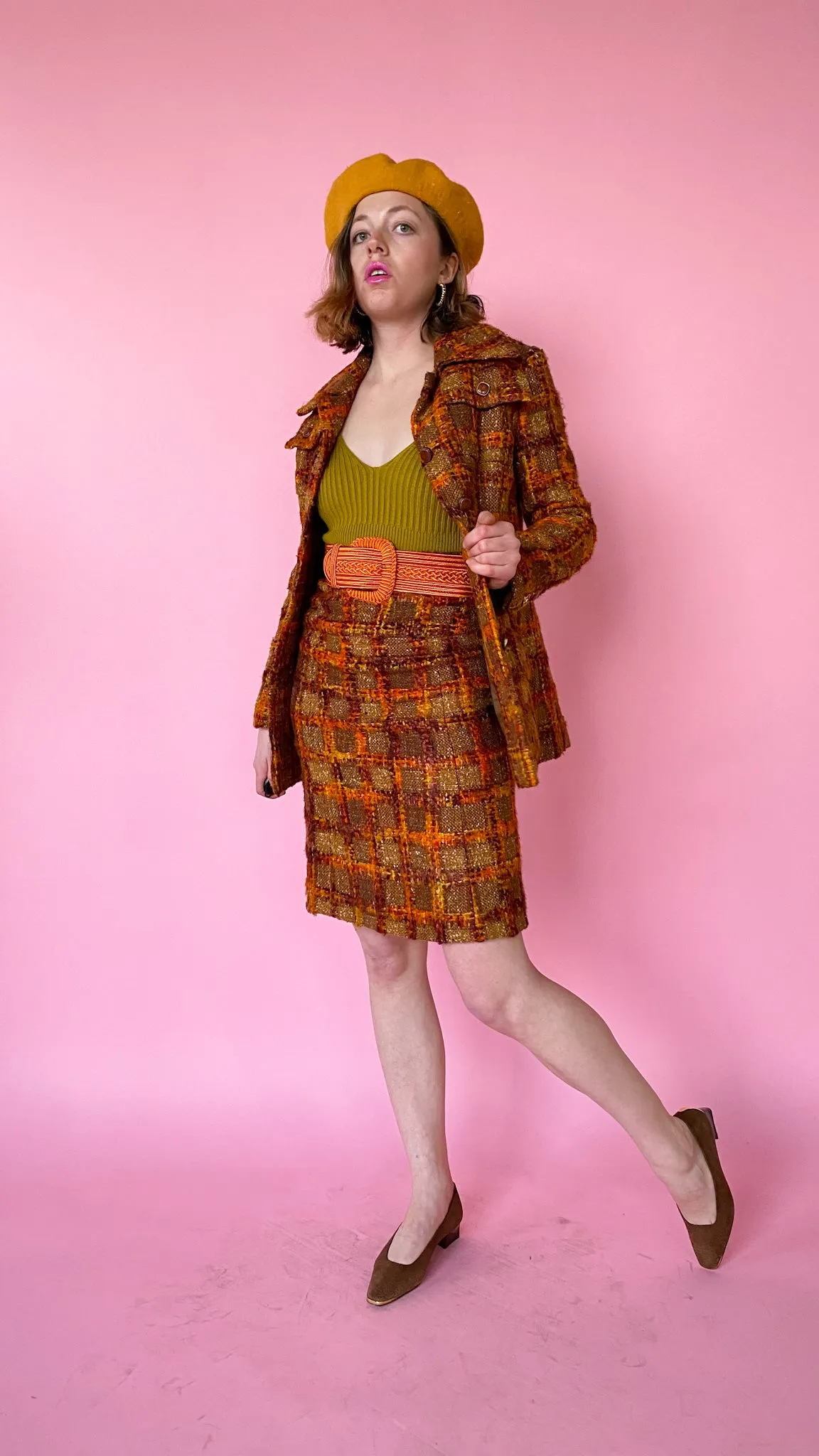 1970s Orange You Plaid Wool Set, sz. XS