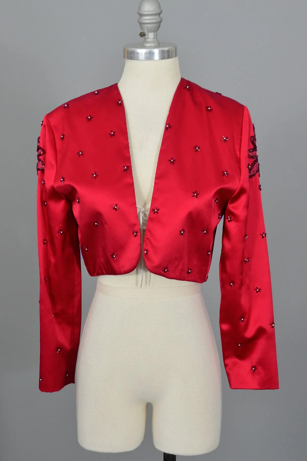 1980s 90s Red Satin Beaded Pearls Cropped Bolero Shrug