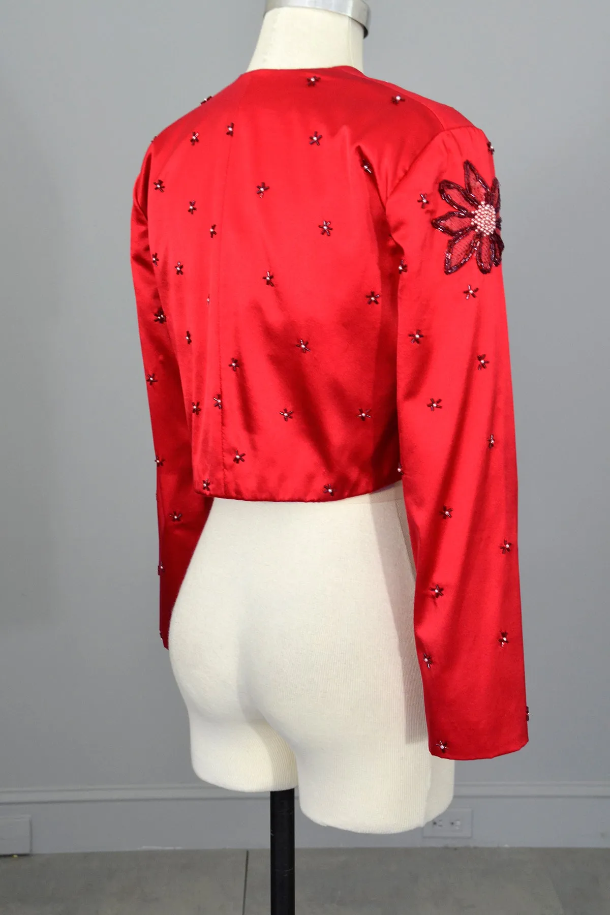 1980s 90s Red Satin Beaded Pearls Cropped Bolero Shrug