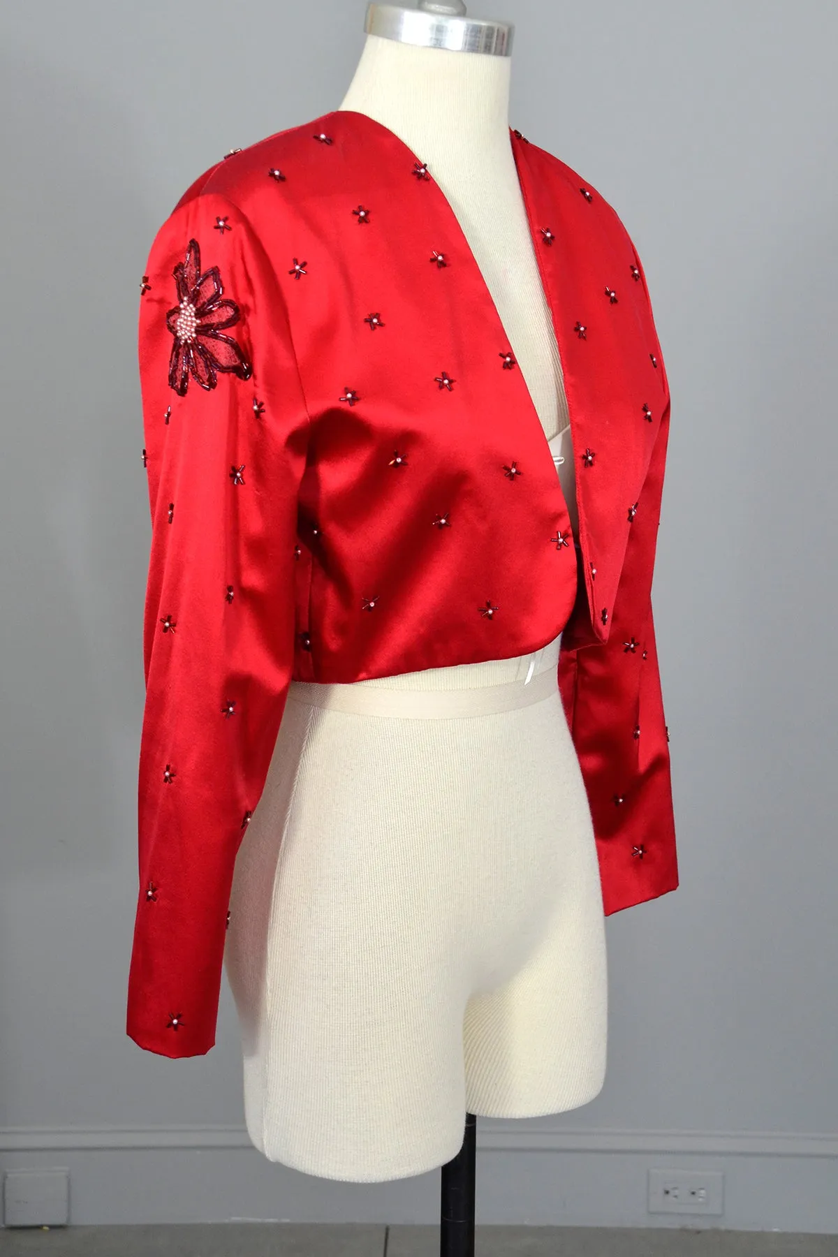 1980s 90s Red Satin Beaded Pearls Cropped Bolero Shrug