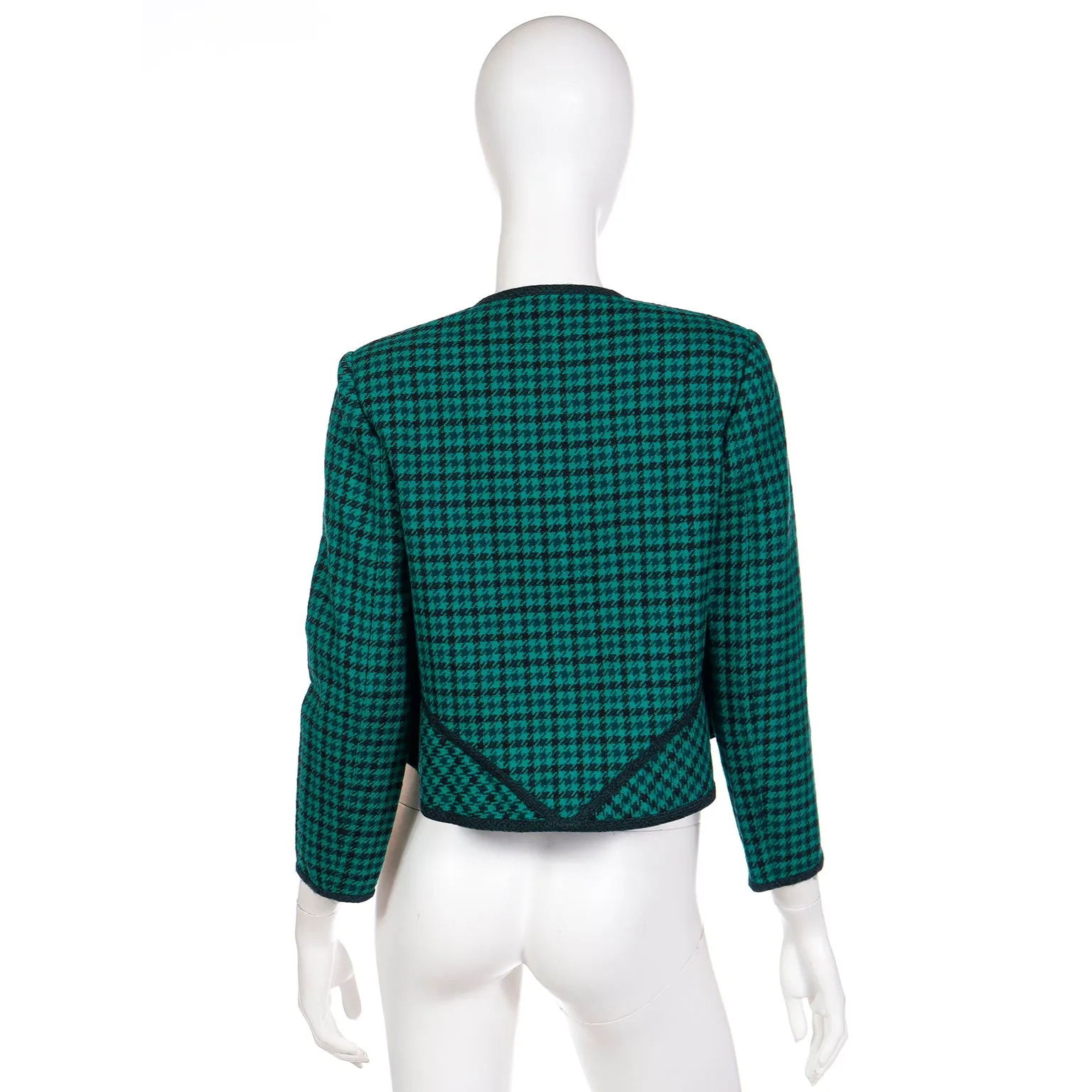 1980s Geoffrey Beene Green Plaid Cropped Zip Front Jacket