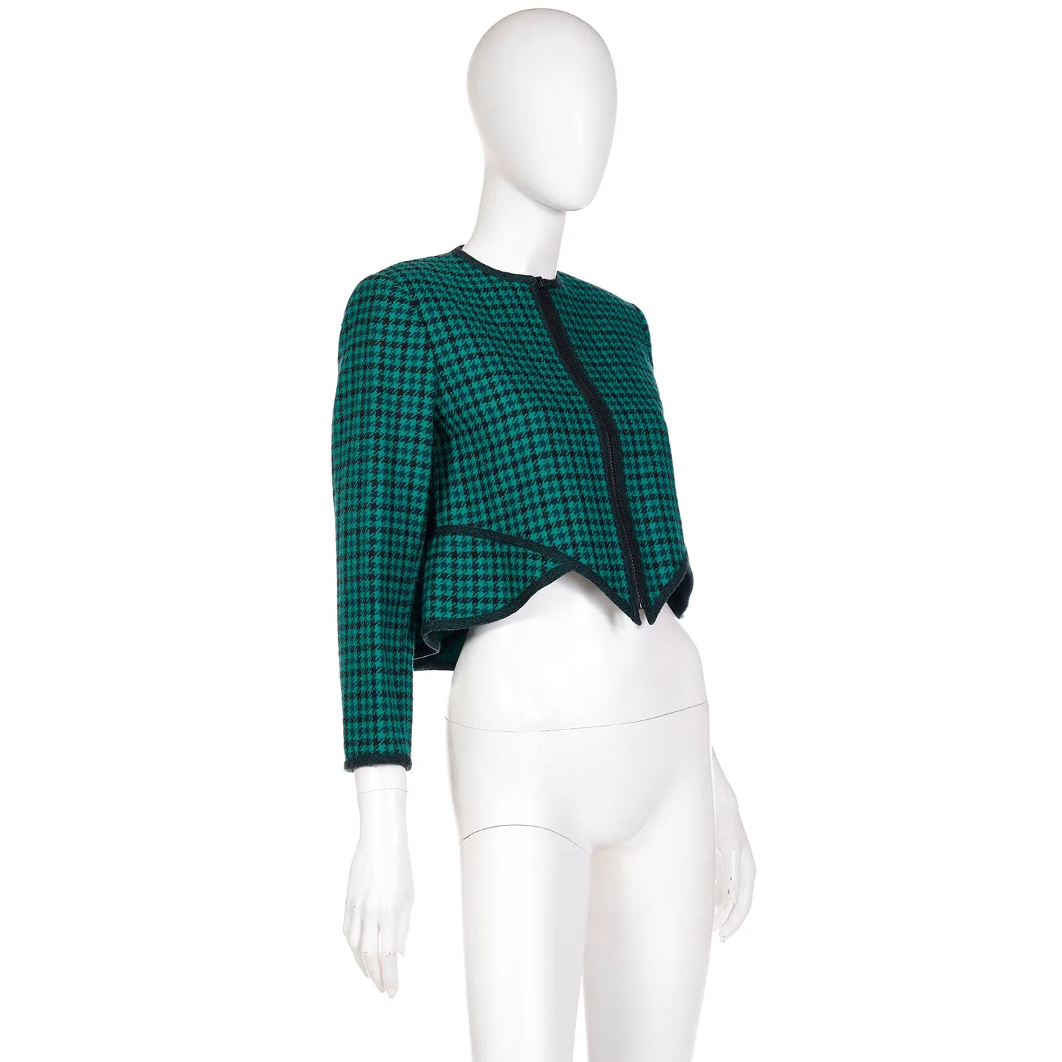 1980s Geoffrey Beene Green Plaid Cropped Zip Front Jacket