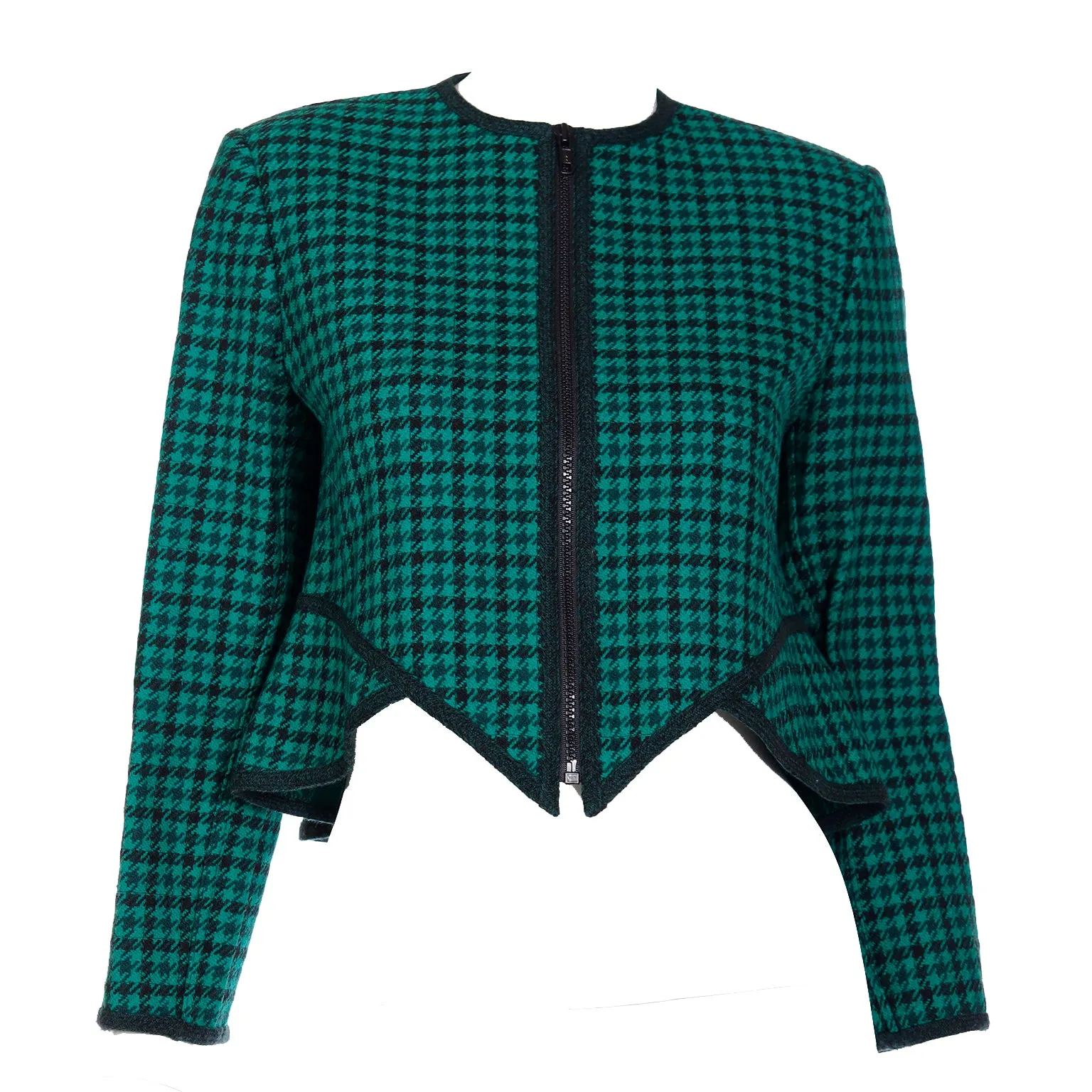 1980s Geoffrey Beene Green Plaid Cropped Zip Front Jacket