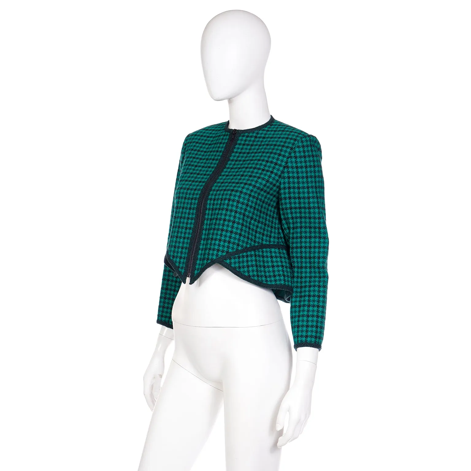 1980s Geoffrey Beene Green Plaid Cropped Zip Front Jacket