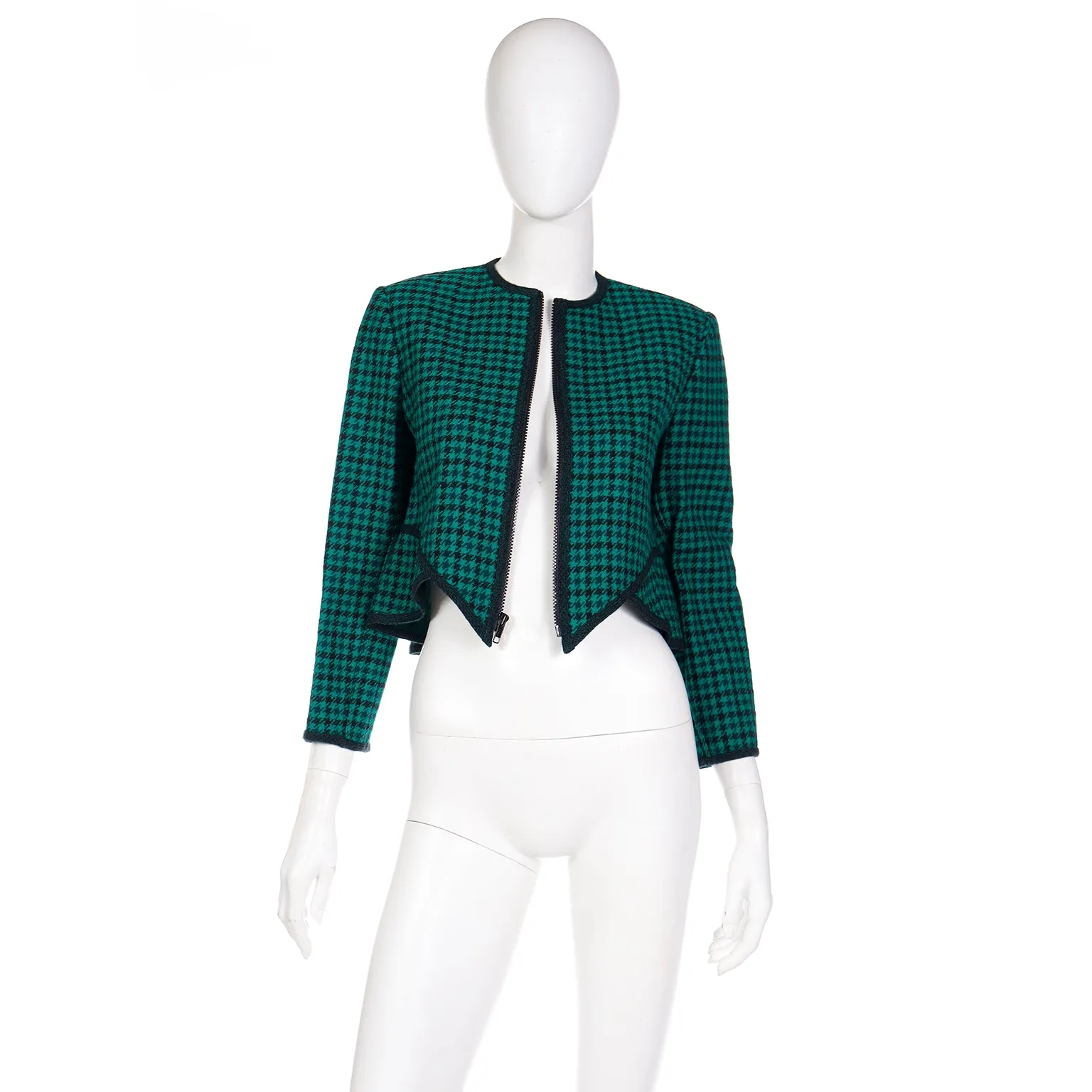 1980s Geoffrey Beene Green Plaid Cropped Zip Front Jacket