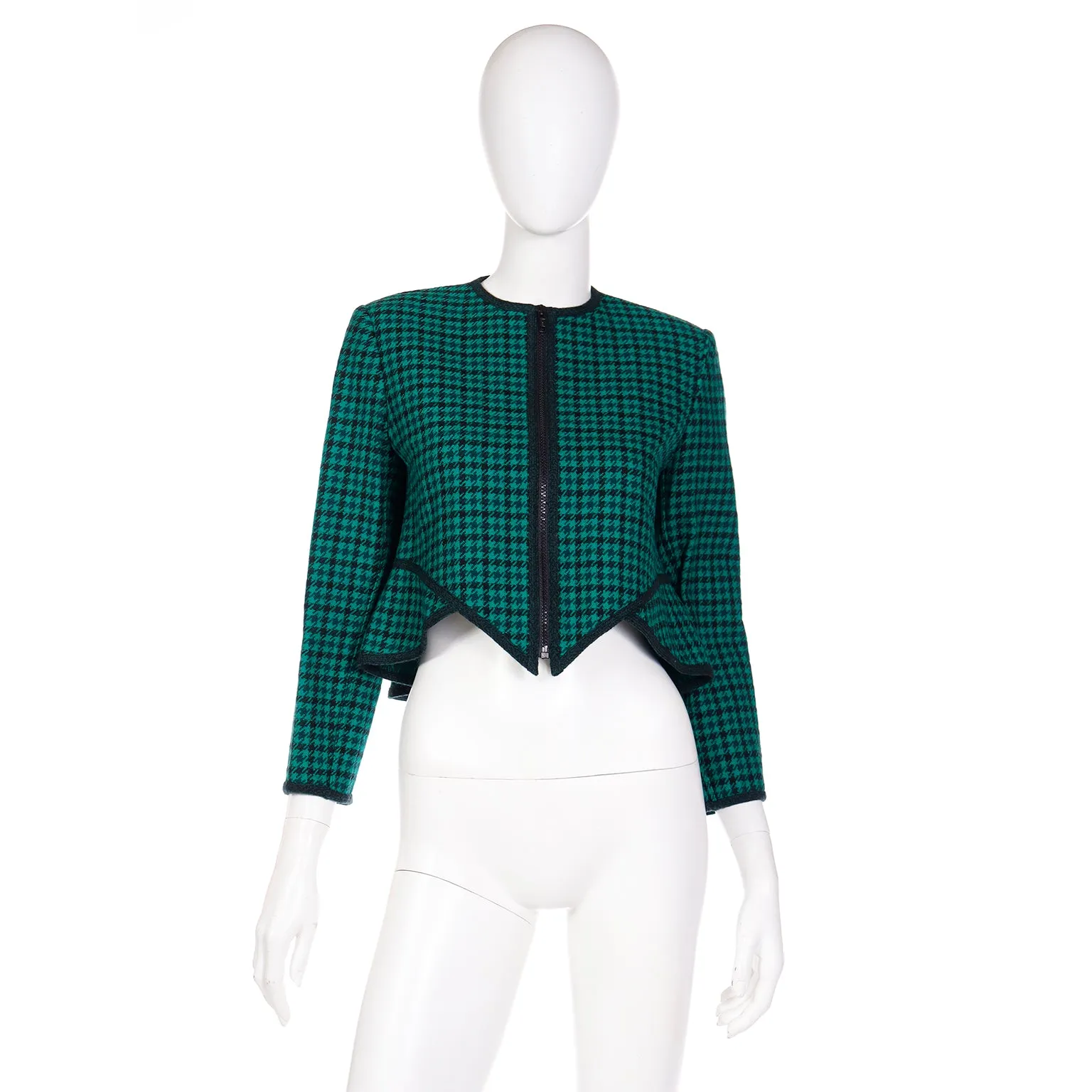 1980s Geoffrey Beene Green Plaid Cropped Zip Front Jacket