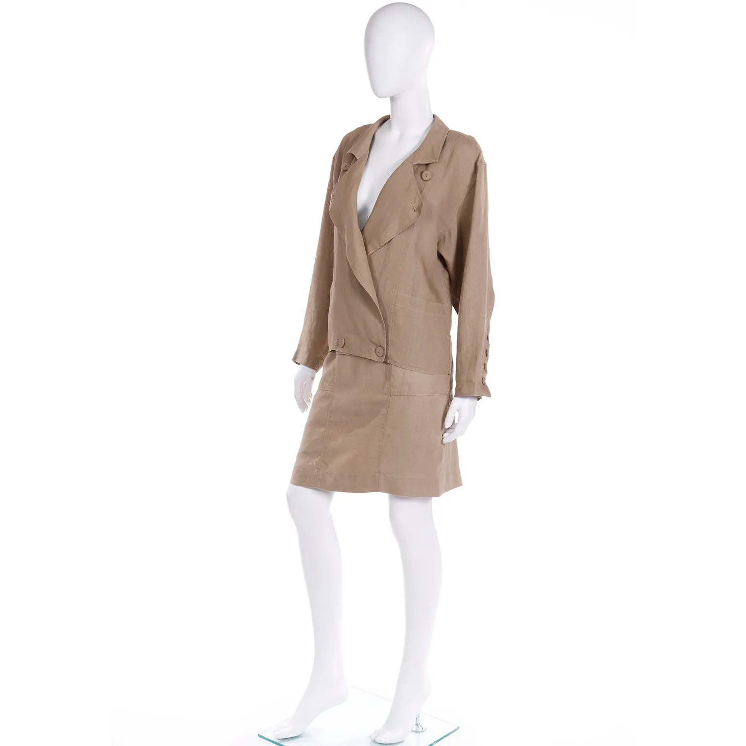 1980s Margaretha Ley Escada 2 Pc Khaki Tan Linen Jacket & Skirt Suit