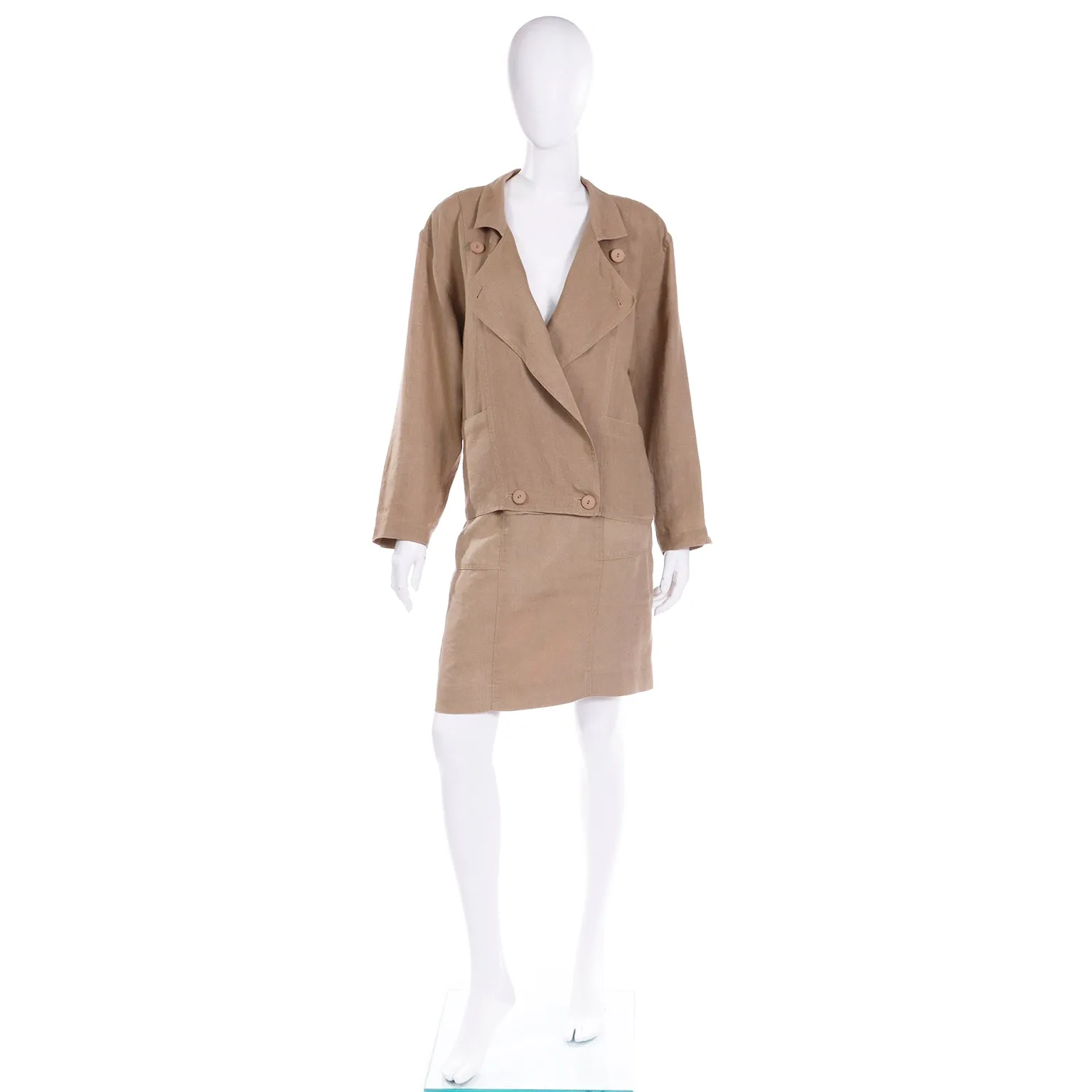 1980s Margaretha Ley Escada 2 Pc Khaki Tan Linen Jacket & Skirt Suit