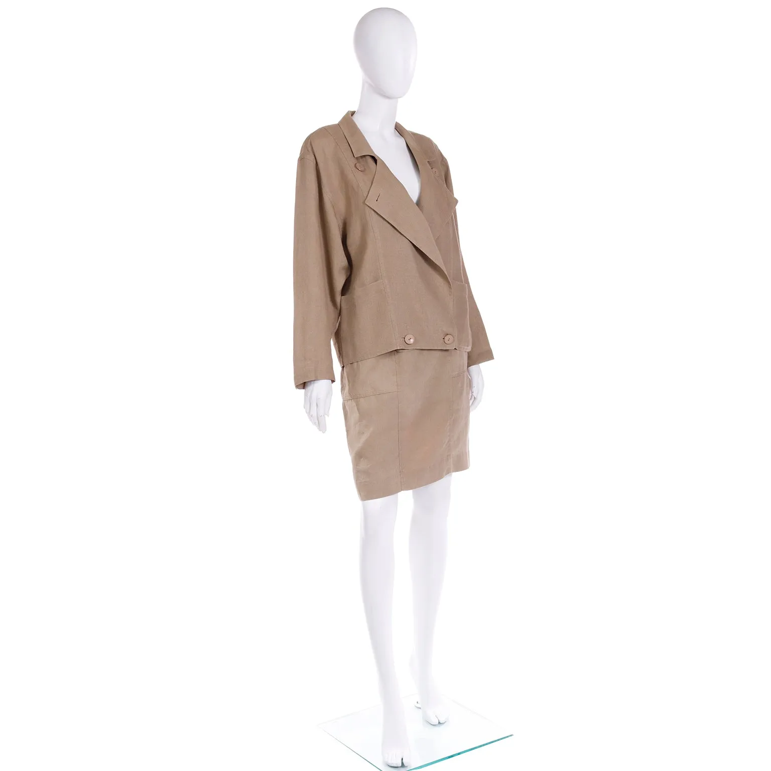 1980s Margaretha Ley Escada 2 Pc Khaki Tan Linen Jacket & Skirt Suit