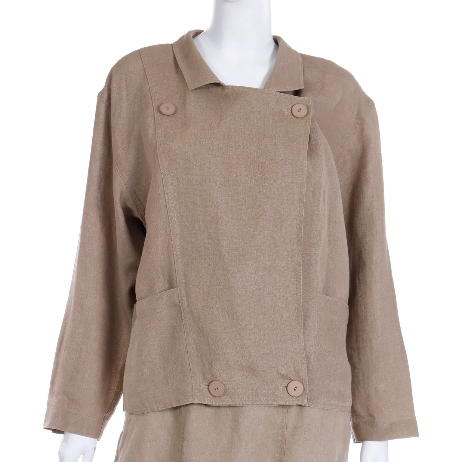 1980s Margaretha Ley Escada 2 Pc Khaki Tan Linen Jacket & Skirt Suit