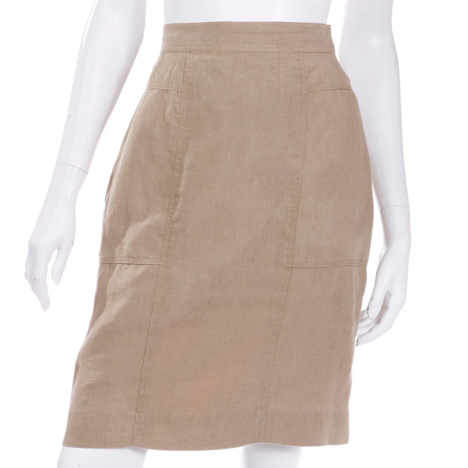 1980s Margaretha Ley Escada 2 Pc Khaki Tan Linen Jacket & Skirt Suit