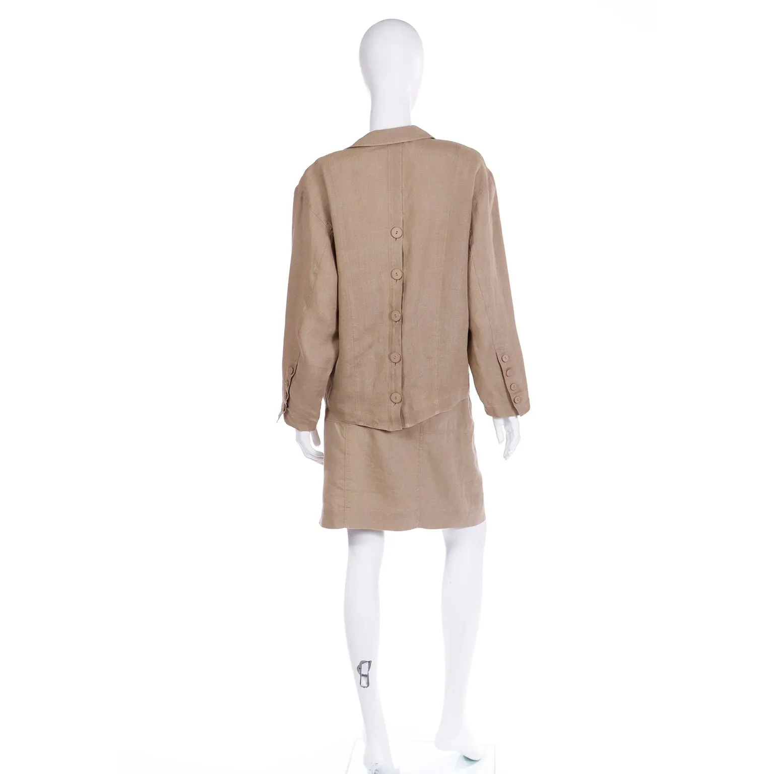 1980s Margaretha Ley Escada 2 Pc Khaki Tan Linen Jacket & Skirt Suit