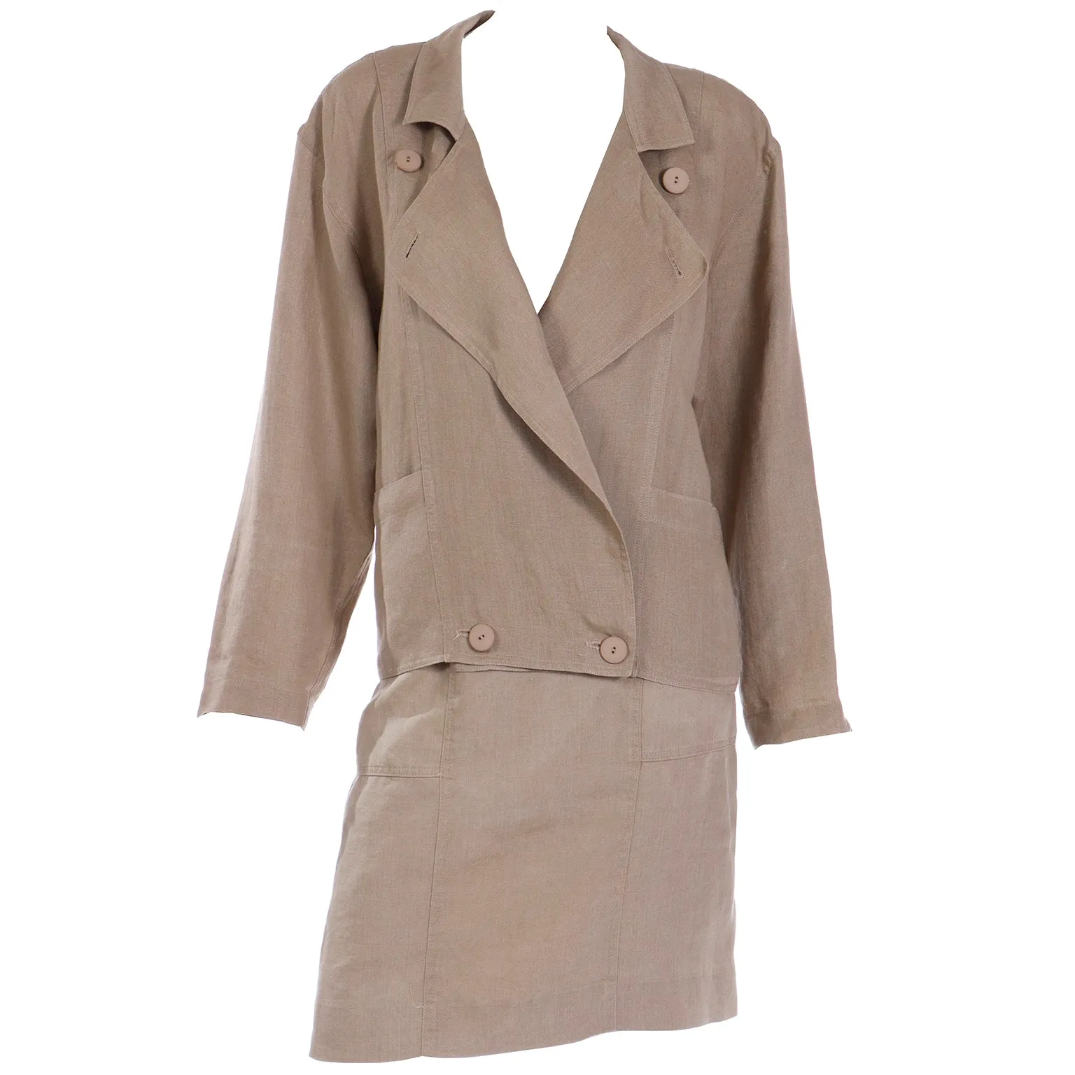 1980s Margaretha Ley Escada 2 Pc Khaki Tan Linen Jacket & Skirt Suit