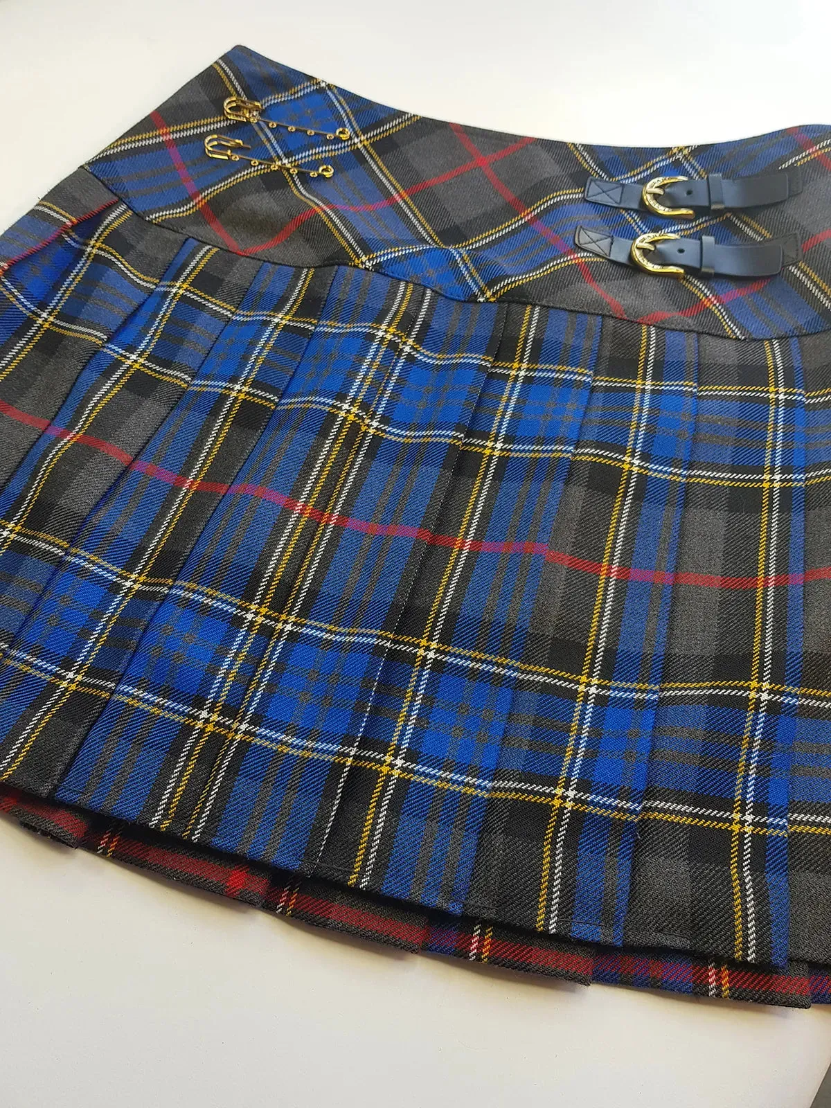 1990s Vintage Wool Plaid Pleated Mini Skirt - Leather Buckles with Gold Hardware - Perfect Tailoring & Length - Pins Included to hang your own charms