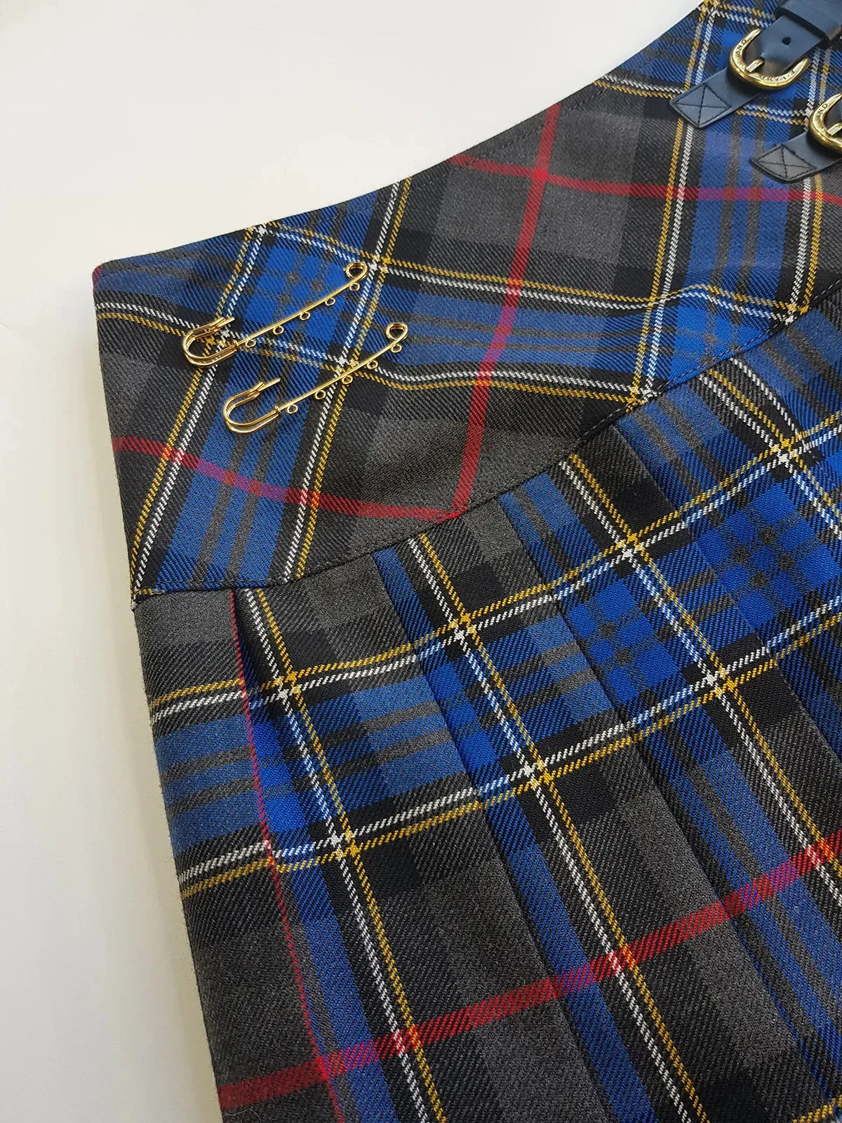 1990s Vintage Wool Plaid Pleated Mini Skirt - Leather Buckles with Gold Hardware - Perfect Tailoring & Length - Pins Included to hang your own charms