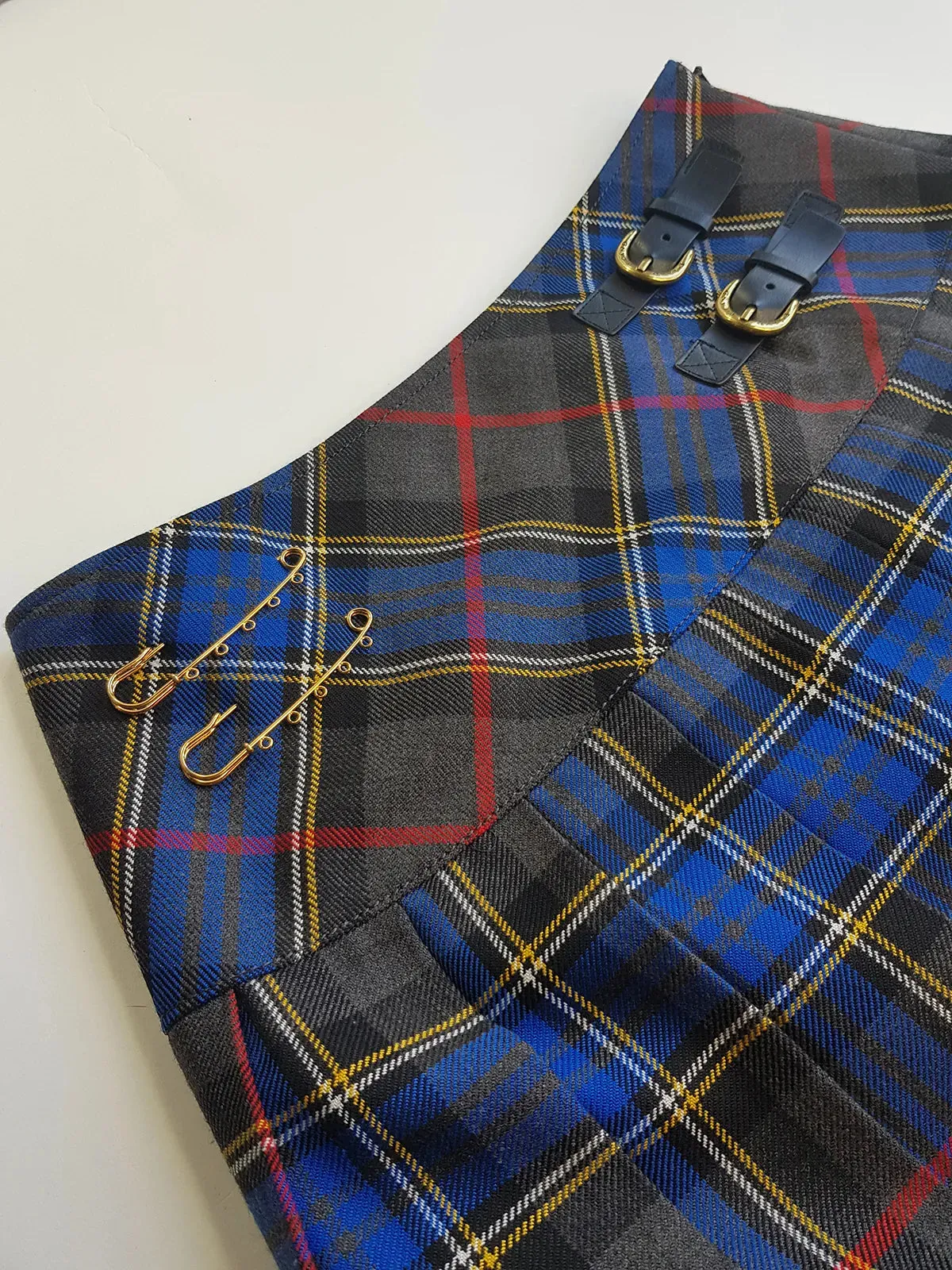 1990s Vintage Wool Plaid Pleated Mini Skirt - Leather Buckles with Gold Hardware - Perfect Tailoring & Length - Pins Included to hang your own charms