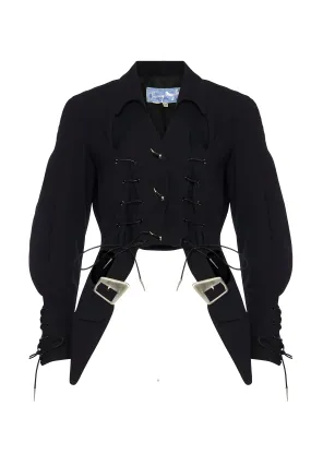 1994 Thierry Mugler Wool Black Buckle Jacket  and Skirt. Rent: £90/Day