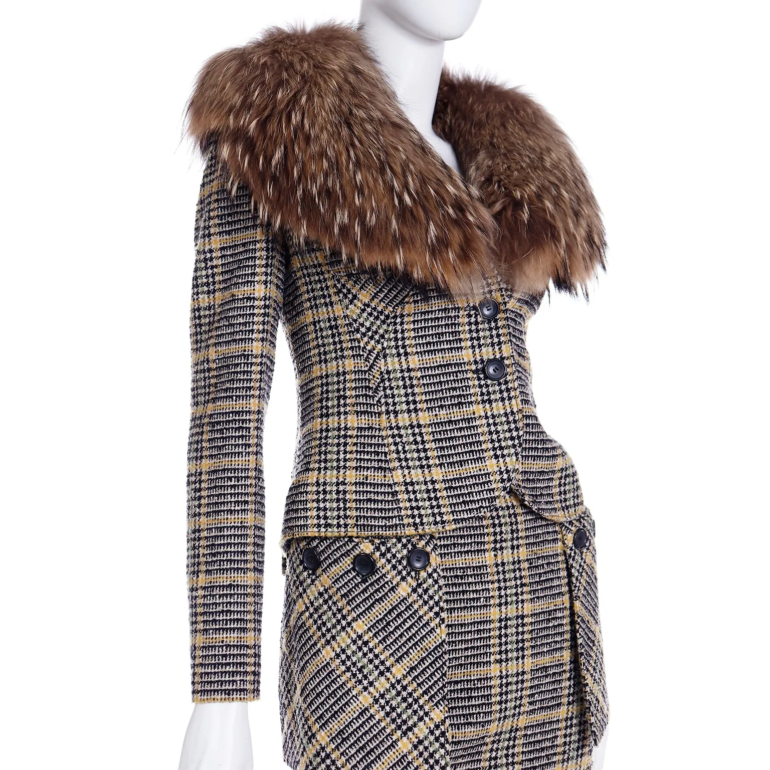 2004 Valentino Garavani Runway Plaid Skirt & Jacket Suit w Fox Fur