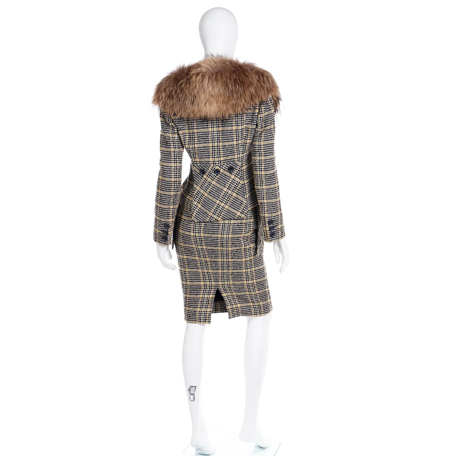 2004 Valentino Garavani Runway Plaid Skirt & Jacket Suit w Fox Fur