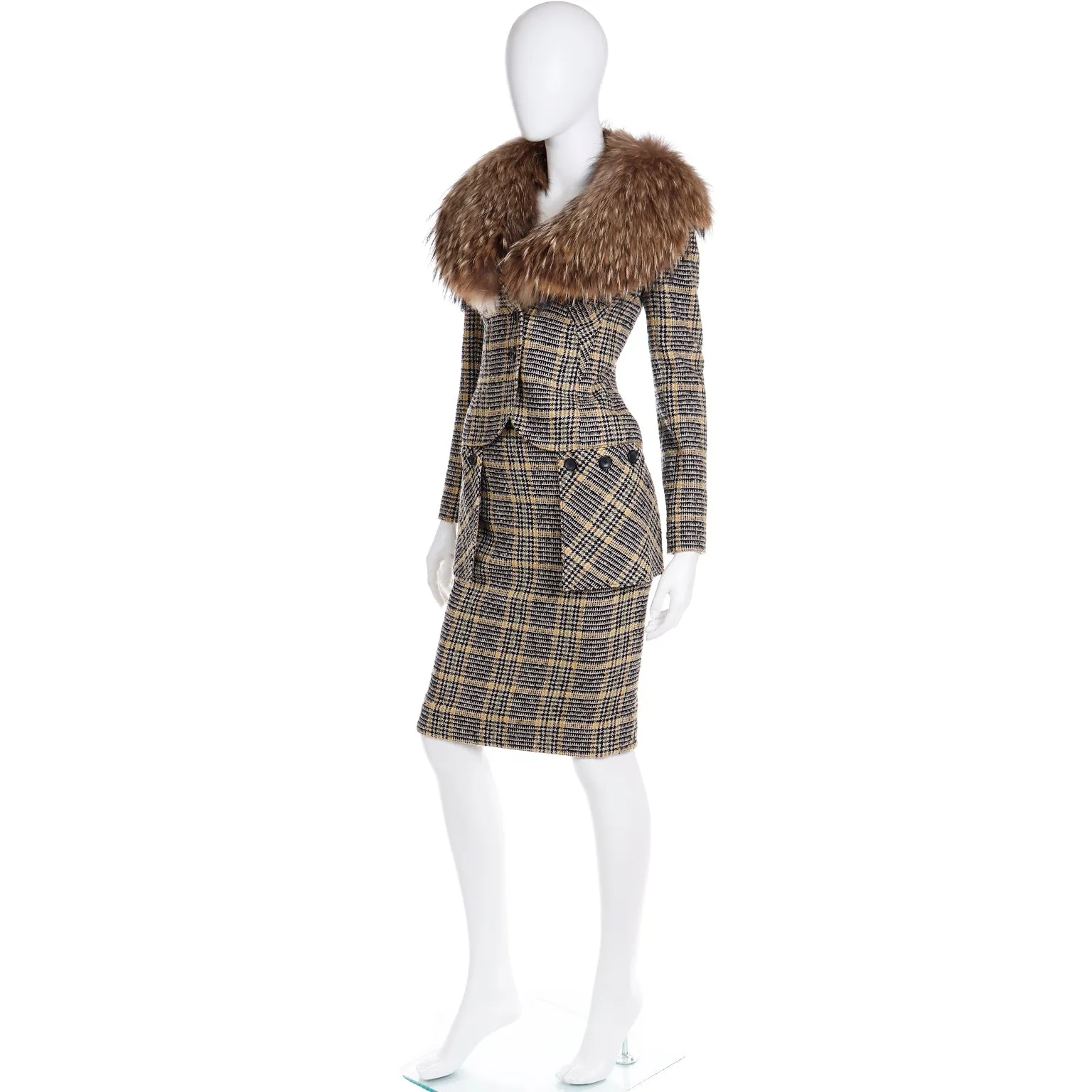 2004 Valentino Garavani Runway Plaid Skirt & Jacket Suit w Fox Fur