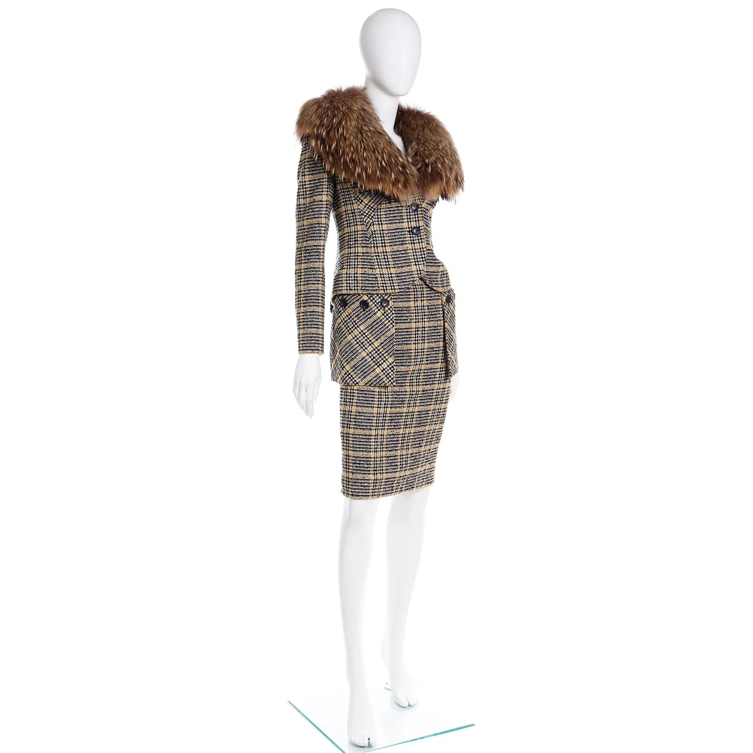 2004 Valentino Garavani Runway Plaid Skirt & Jacket Suit w Fox Fur