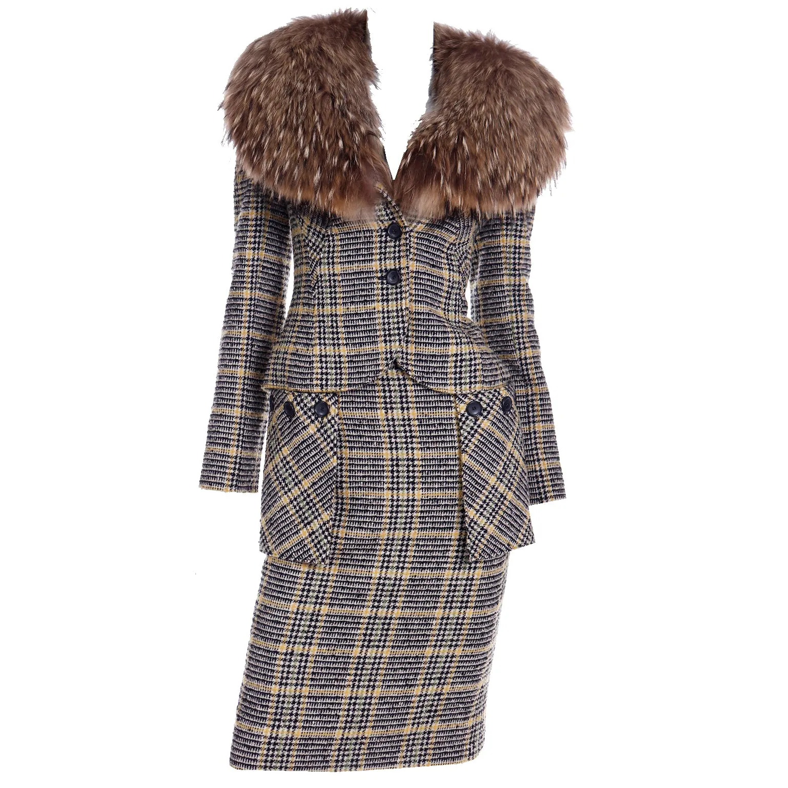 2004 Valentino Garavani Runway Plaid Skirt & Jacket Suit w Fox Fur