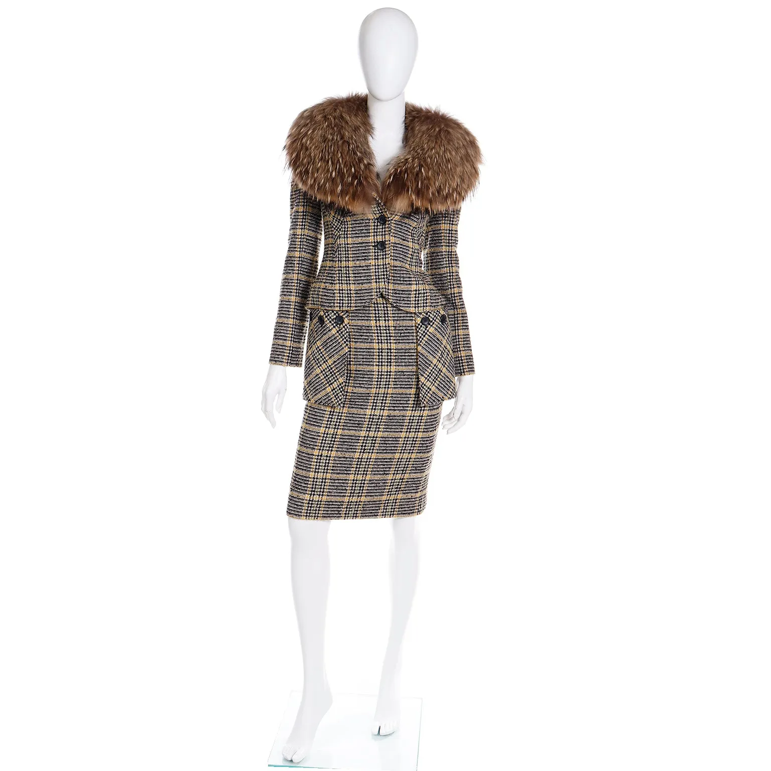 2004 Valentino Garavani Runway Plaid Skirt & Jacket Suit w Fox Fur