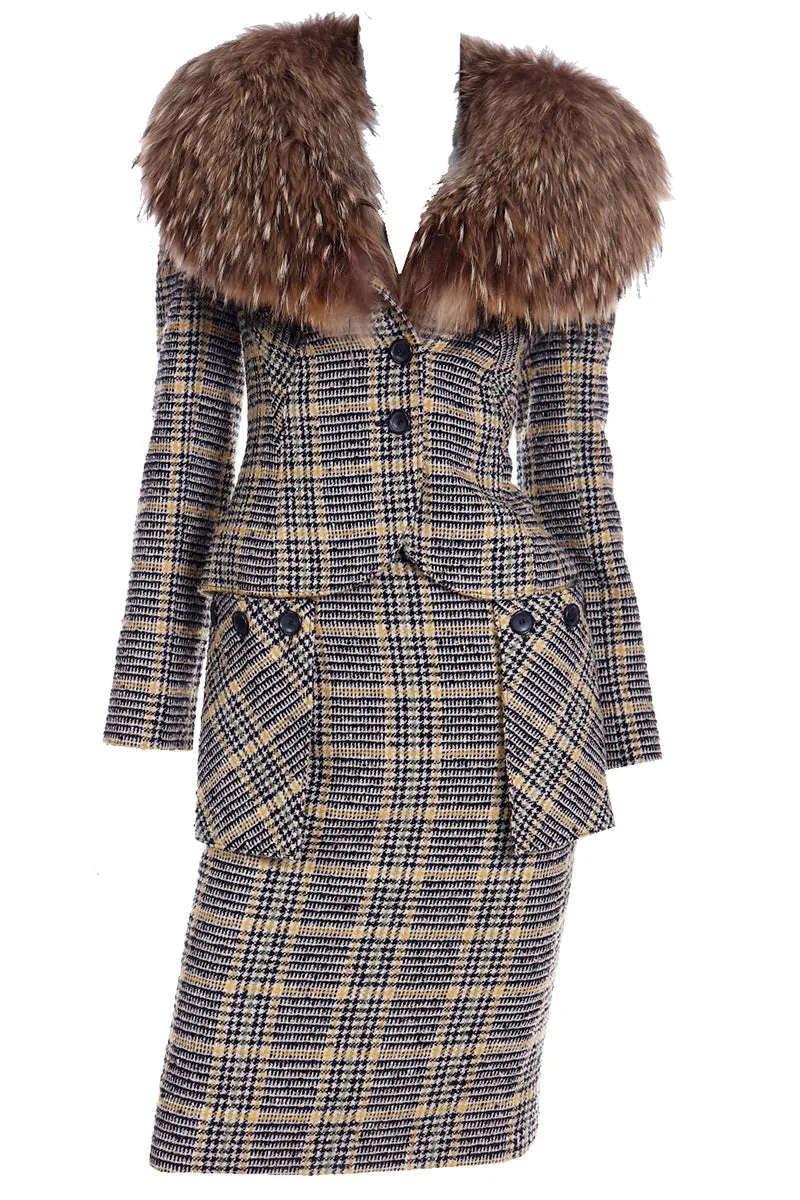 2004 Valentino Garavani Runway Plaid Skirt & Jacket Suit w Fox Fur