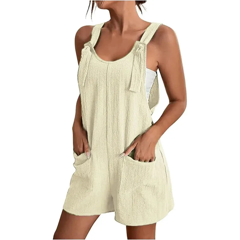 2024 Summer Women's Jumpsuit Overalls Short Loose Sleeveless Wide Leg Overall Solid Casual Daily Basic Romper with Pockets