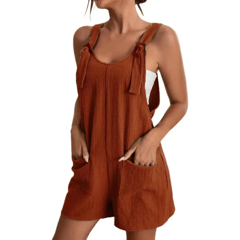 2024 Summer Women's Jumpsuit Overalls Short Loose Sleeveless Wide Leg Overall Solid Casual Daily Basic Romper with Pockets