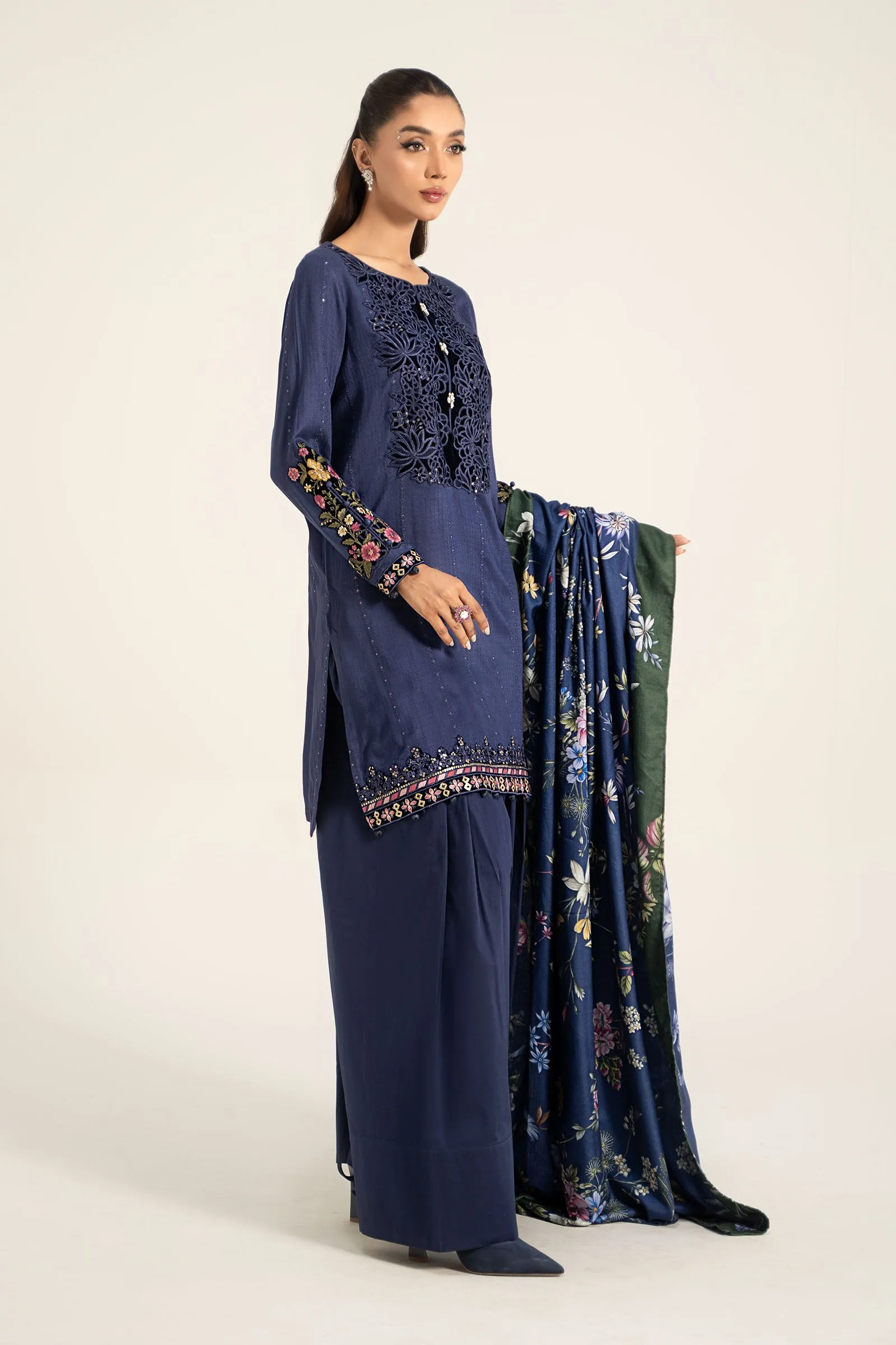 3 Piece Embroidered Linen Suit | DW-W24-150