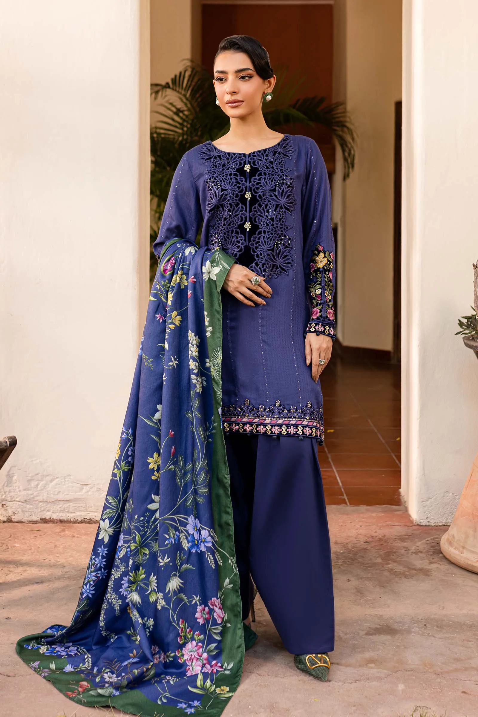 3 Piece Embroidered Linen Suit | DW-W24-150