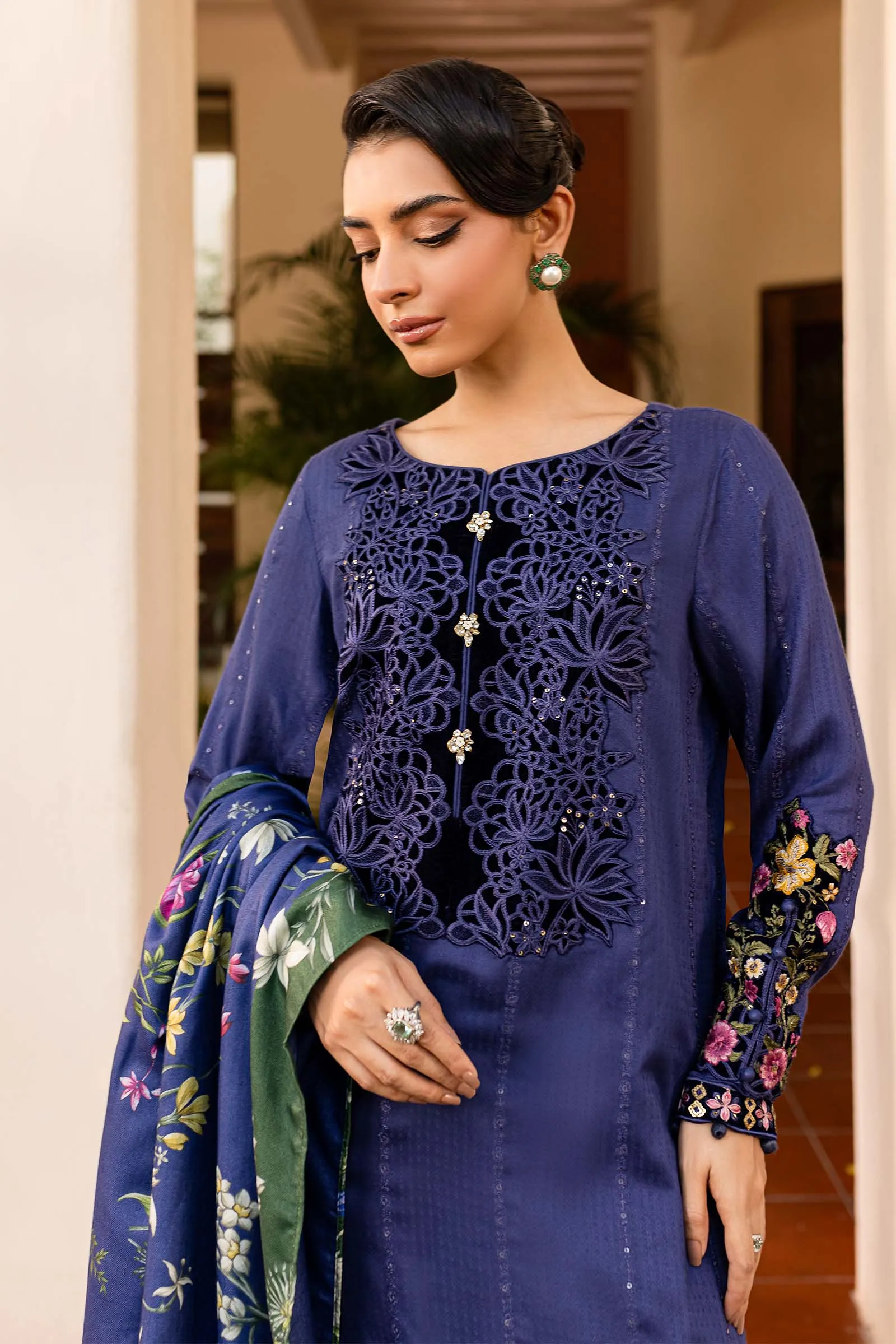 3 Piece Embroidered Linen Suit | DW-W24-150