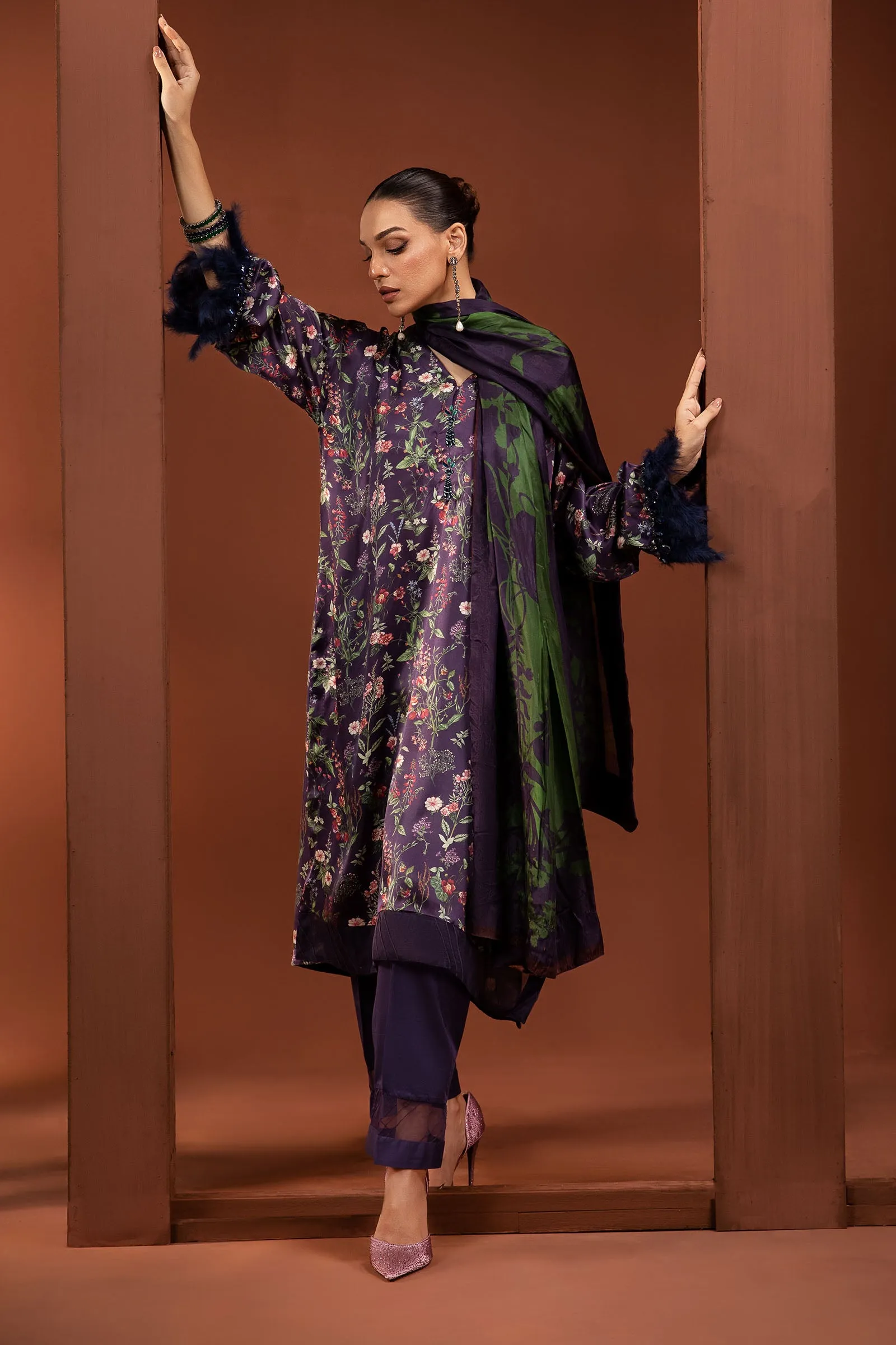 3 Piece Printed Pure Charmeuse Silk Suit | MPS-PF24-05