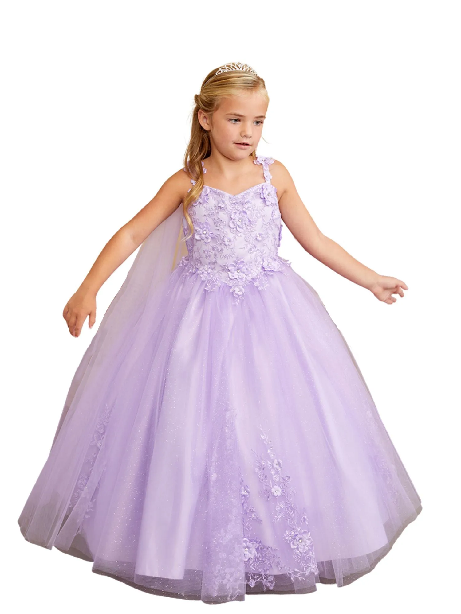 3D Floral Bodice Glitter Tulle Detachable Cape Special Occasion Dress, Sizes 2-18