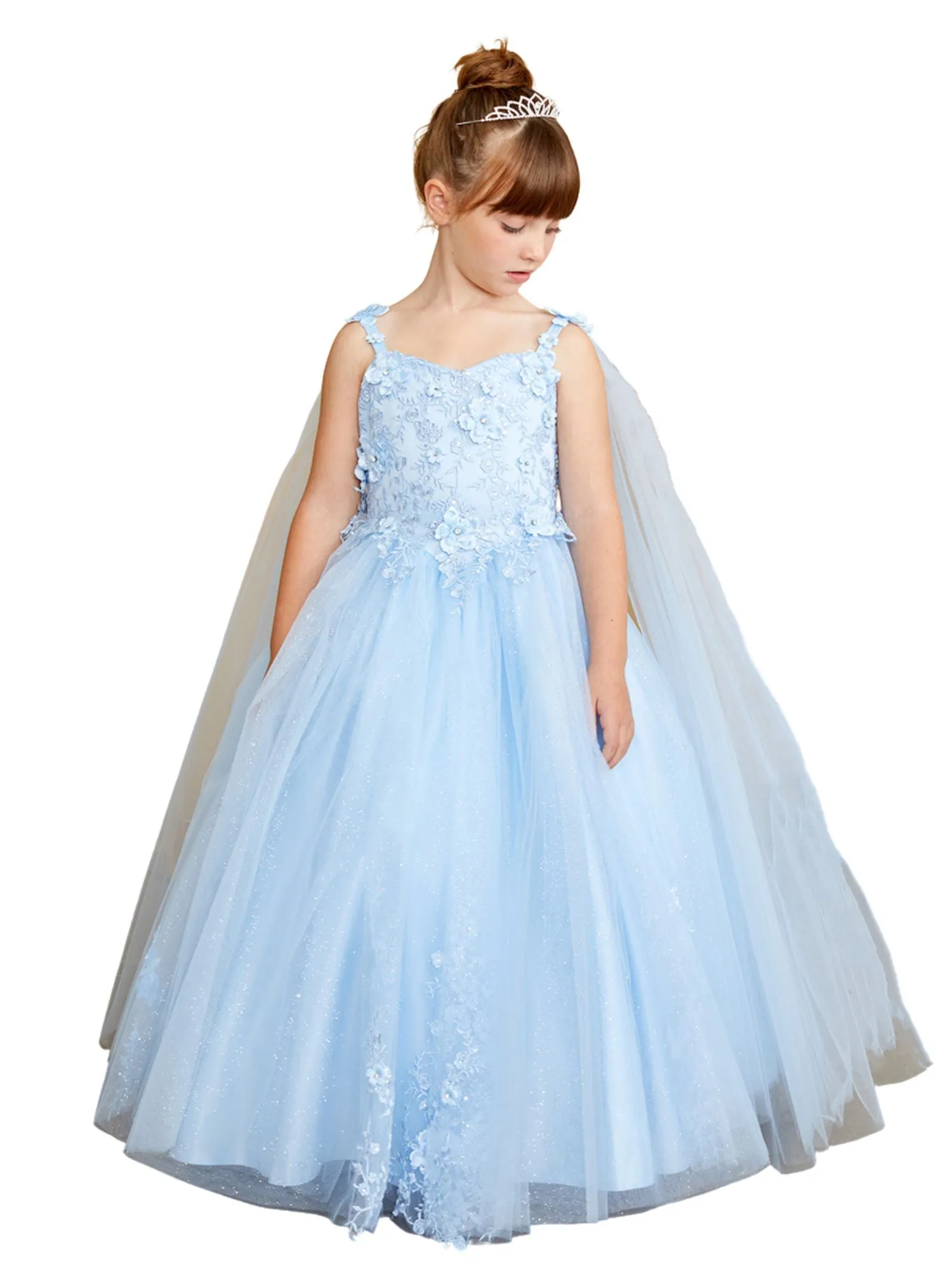 3D Floral Bodice Glitter Tulle Detachable Cape Special Occasion Dress, Sizes 2-18